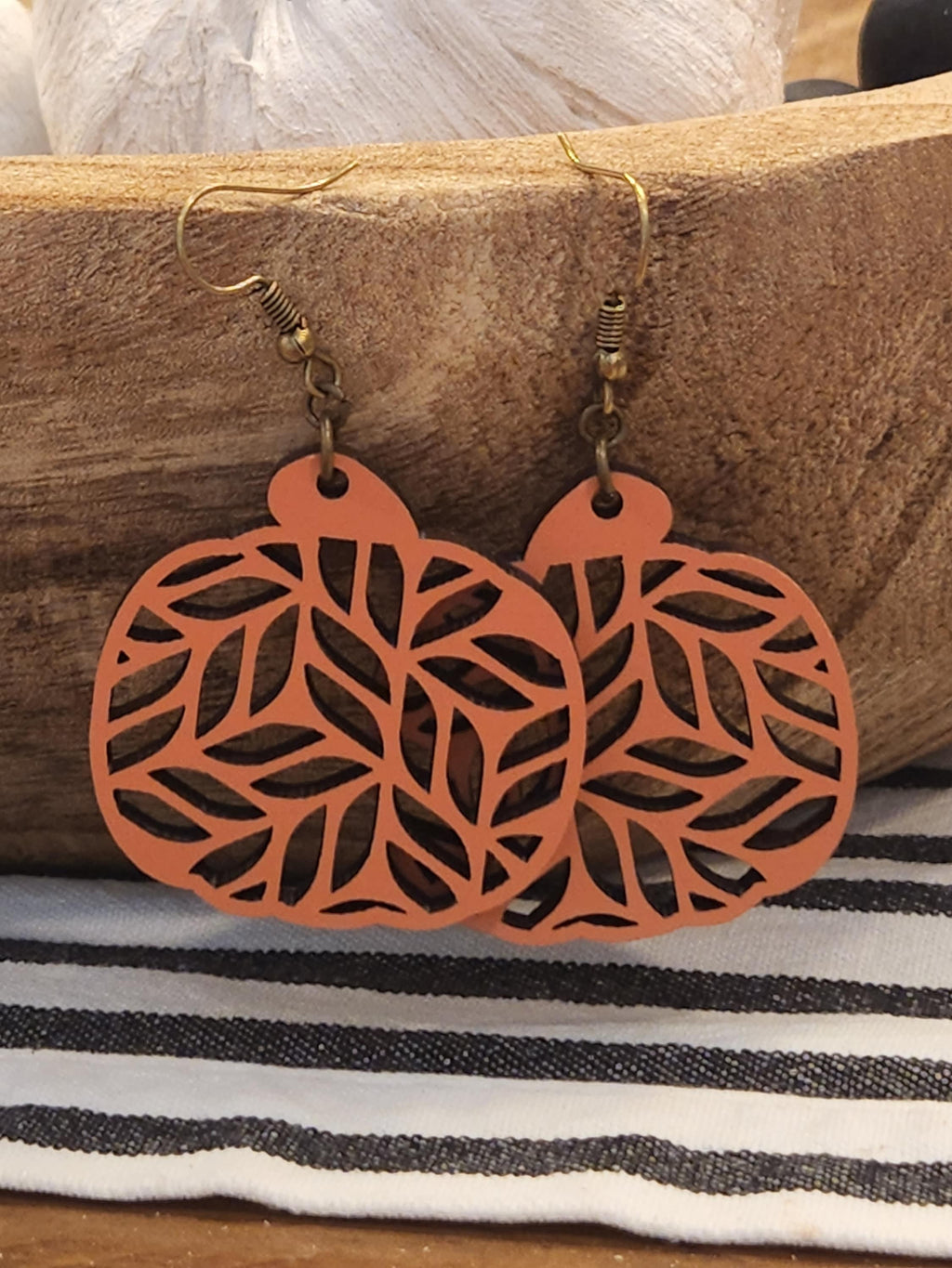 Handmade Laser Cut Wood Pumpkin Earrings: Hypoallergenic Fall Jewelry