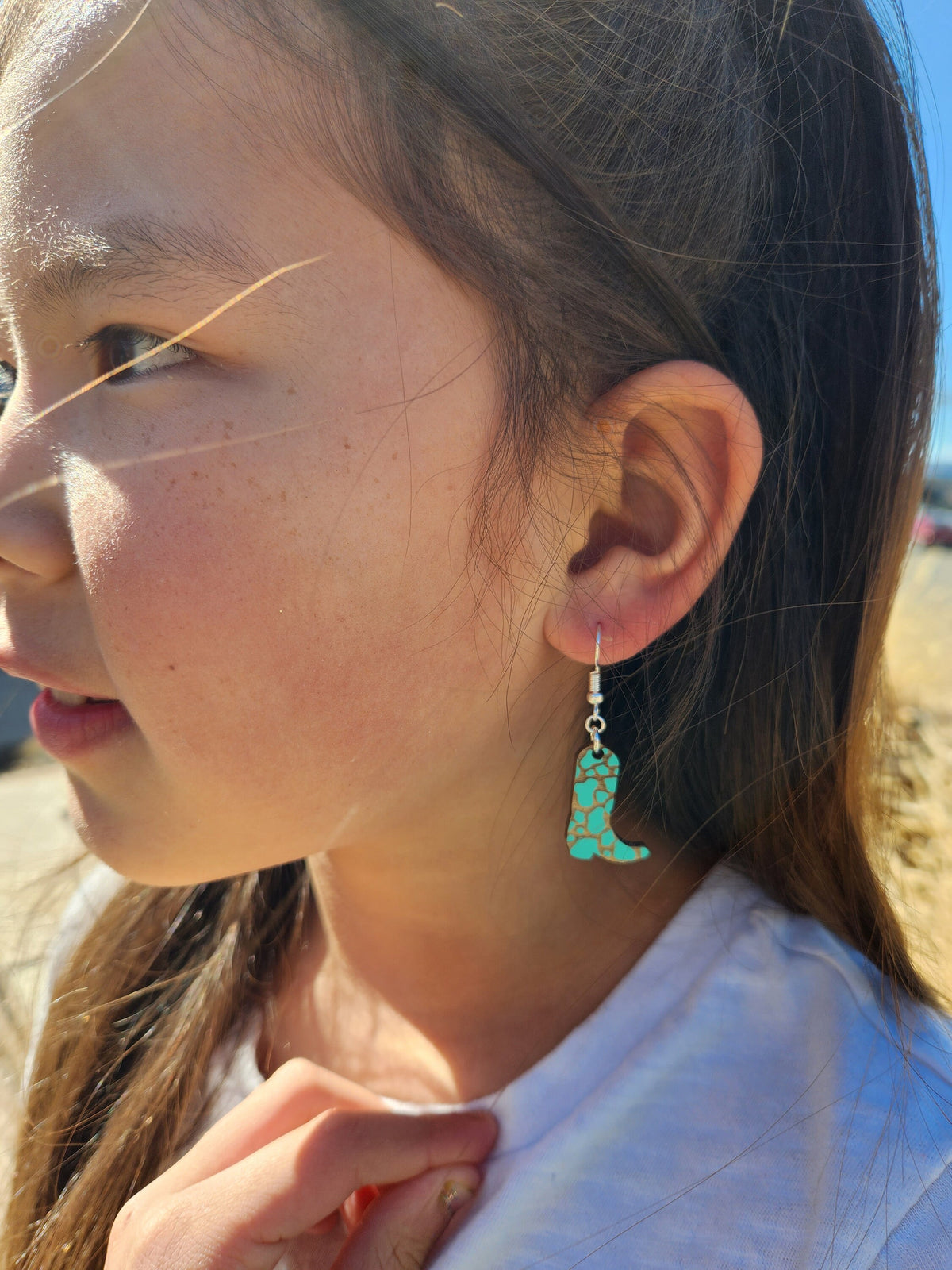 Teal Western Boot Earrings: Laser Cut Wood, Hypoallergenic