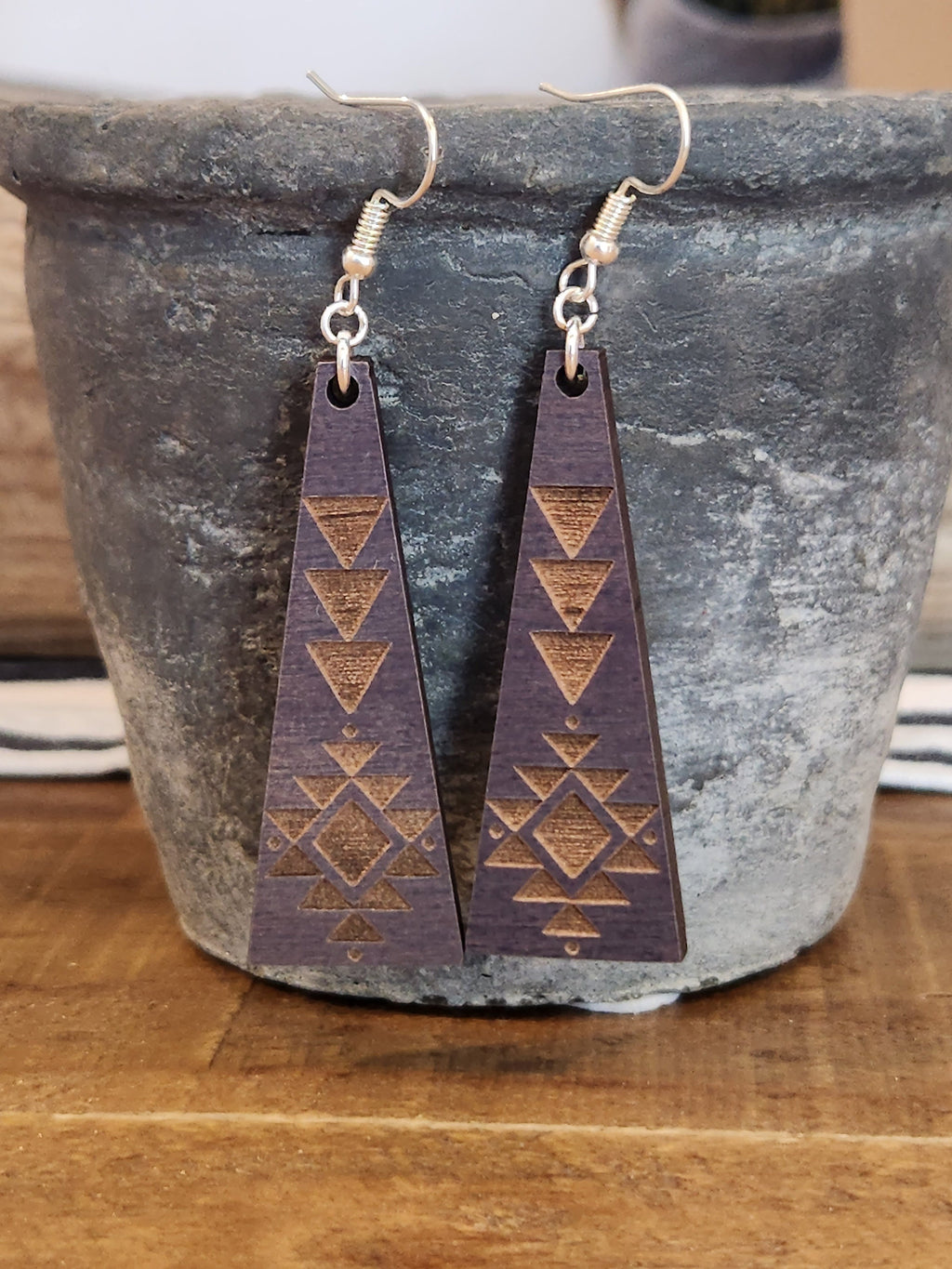 Laser Engraved Wood Triangle Earrings: Geometric Dangles