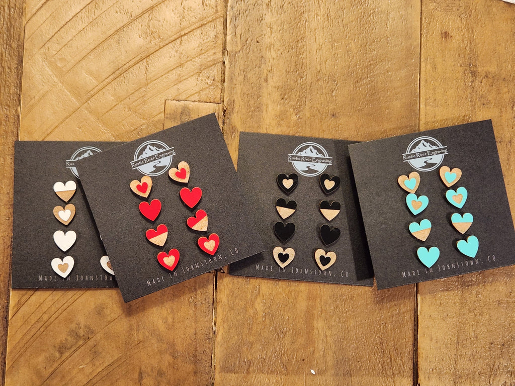 Handmade Wood Heart Studs: Laser Engraved Earrings, Hypoallergenic