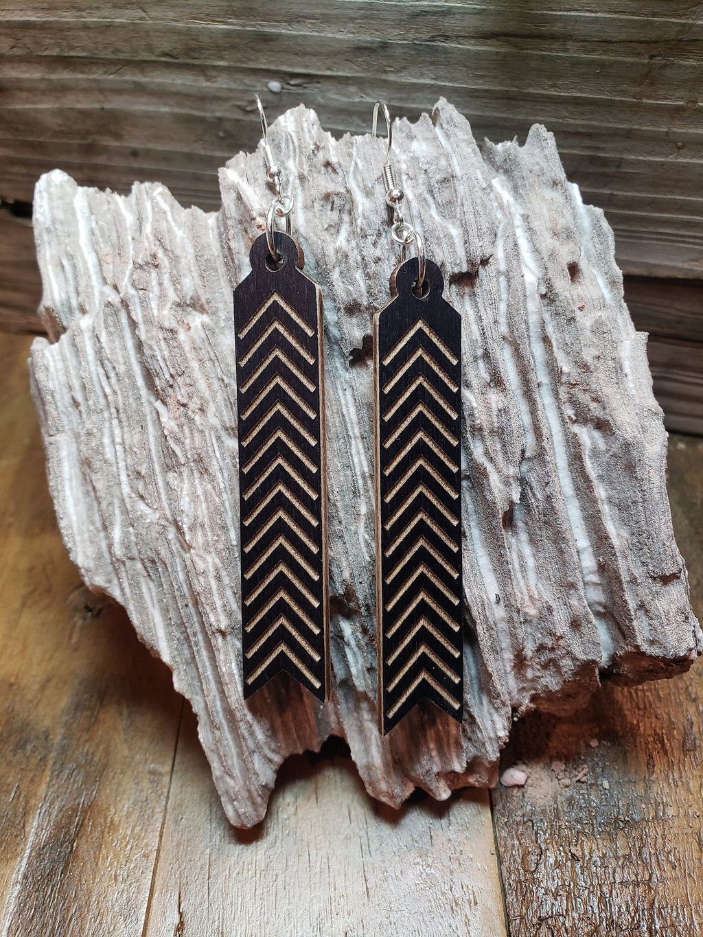 Laser Engraved Wood Arrow Earrings: Long Geometric Dangles
