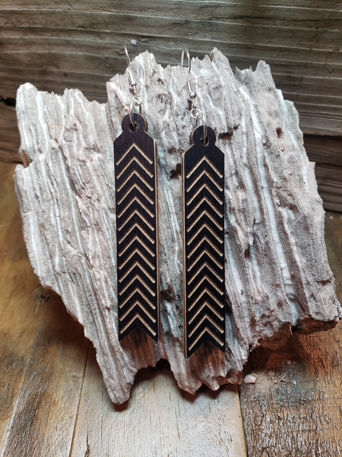 Laser Engraved Wood Arrow Earrings: Long Geometric Dangles