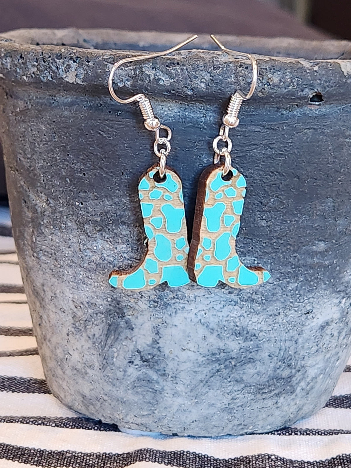 Teal Western Boot Earrings: Laser Cut Wood, Hypoallergenic