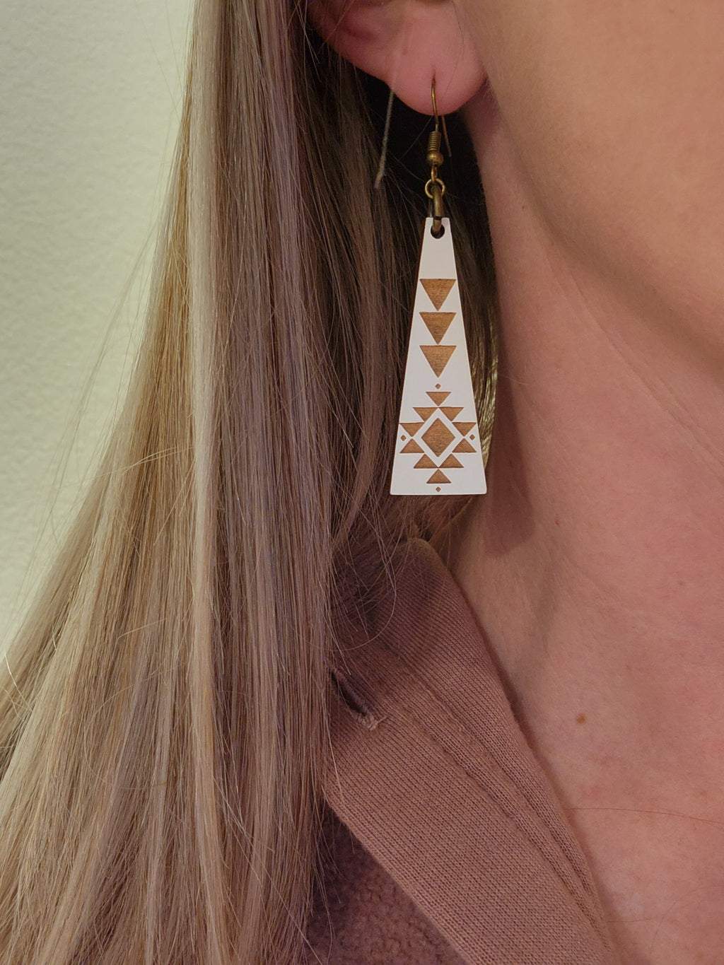 Laser Engraved Wood Triangle Earrings: Geometric Dangles