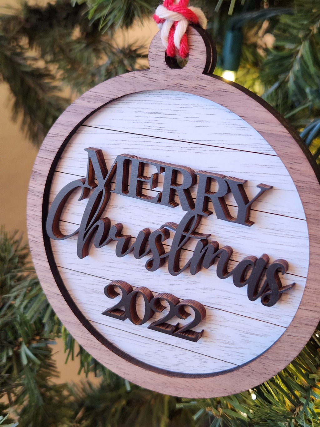 Wooden Merry Christmas Farmouse Ornament