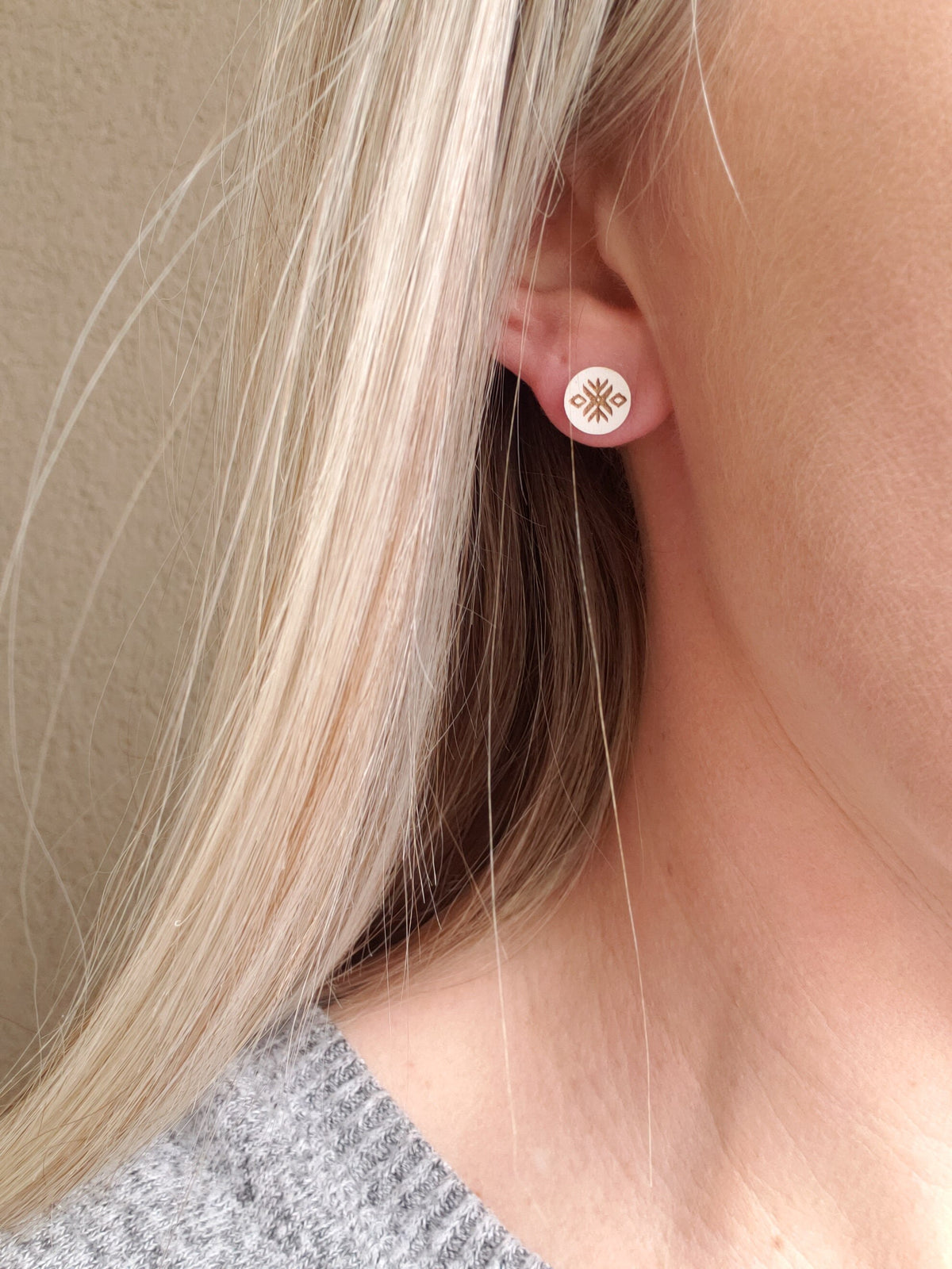 Laser Engraved Wood Aztec Stud Earrings: Hypoallergenic