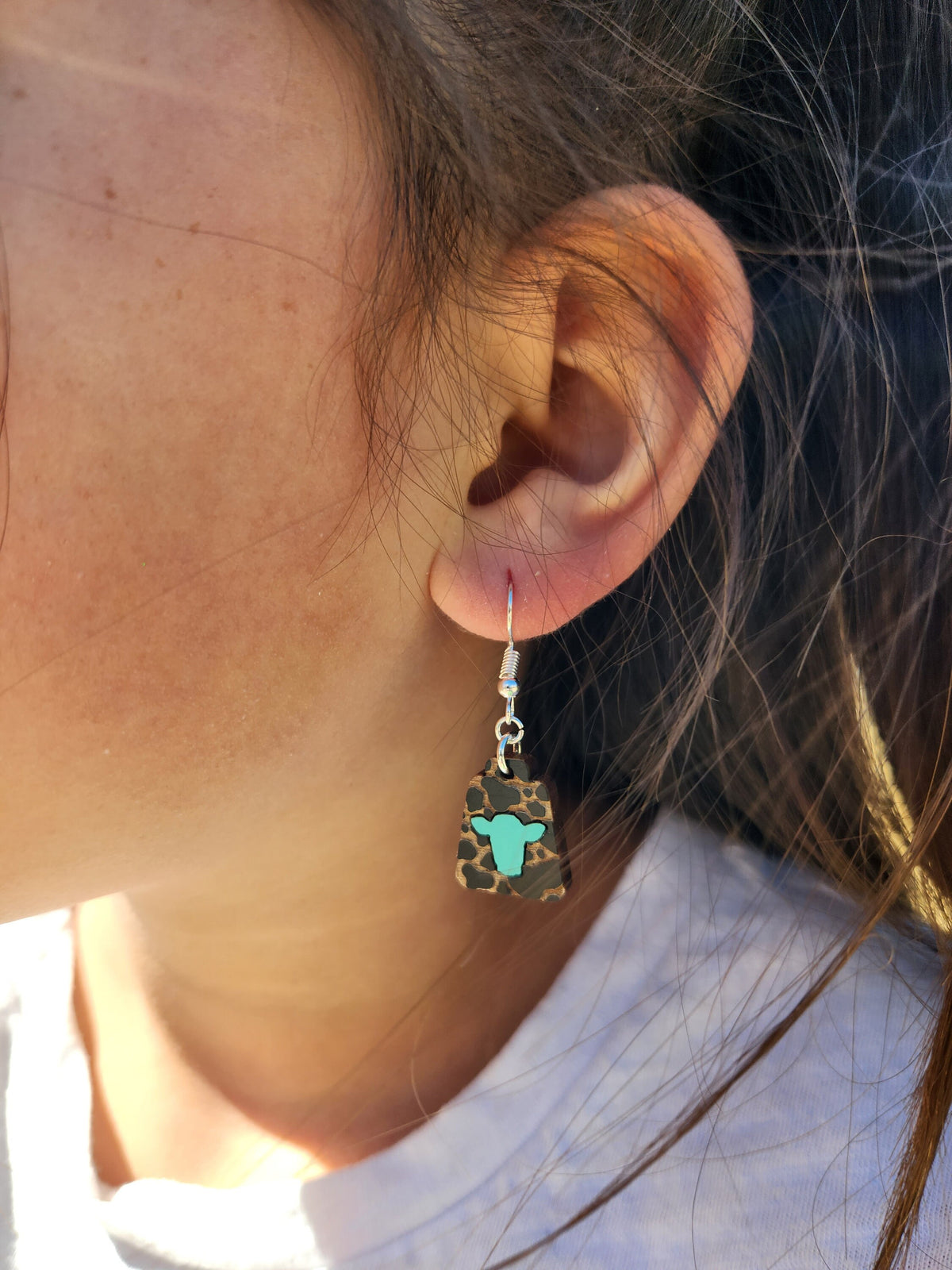Cow Print Wood Earrings: Teal Cow Accent, Hypoallergenic