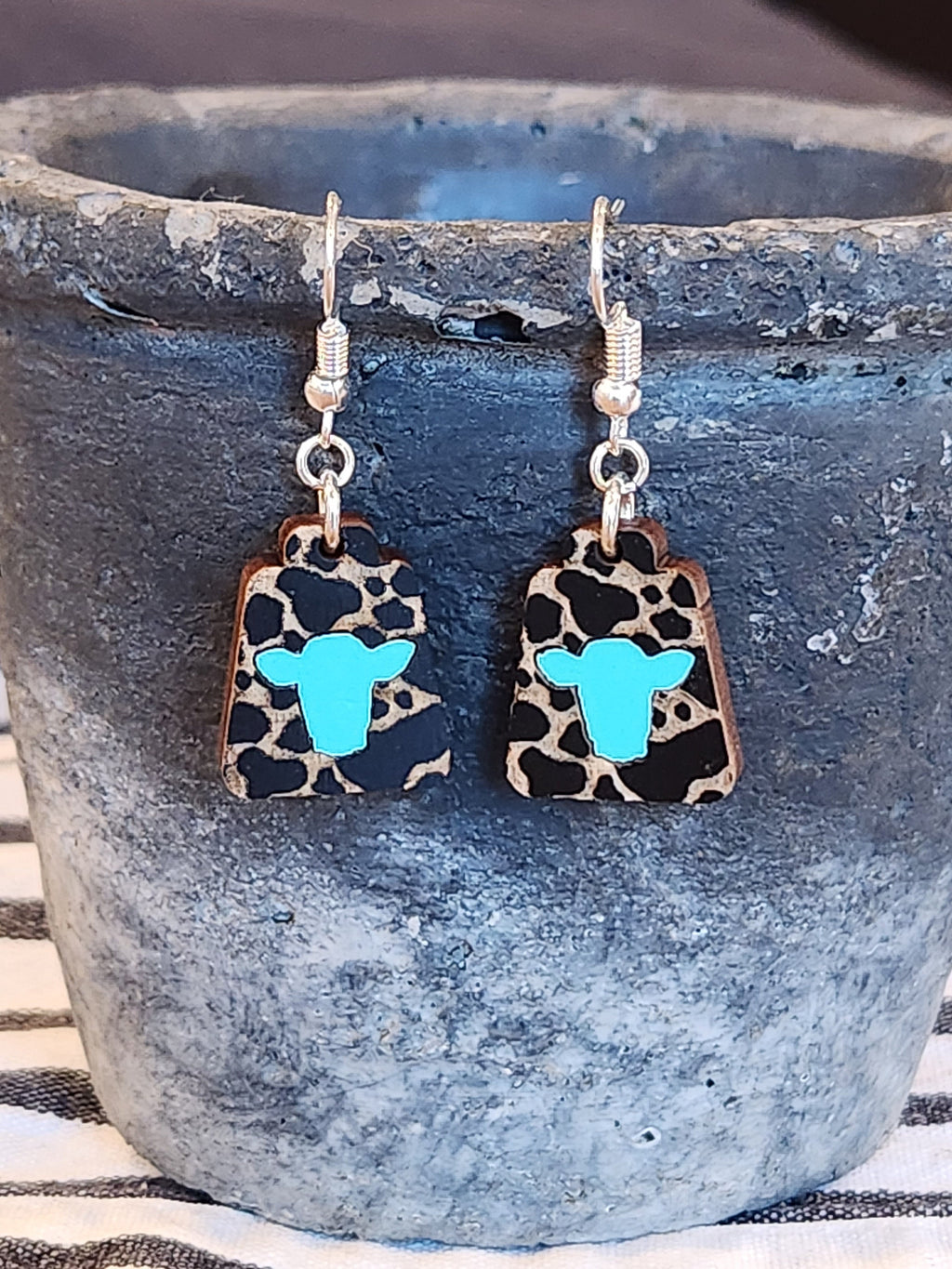 Cow Print Wood Earrings: Teal Cow Accent, Hypoallergenic