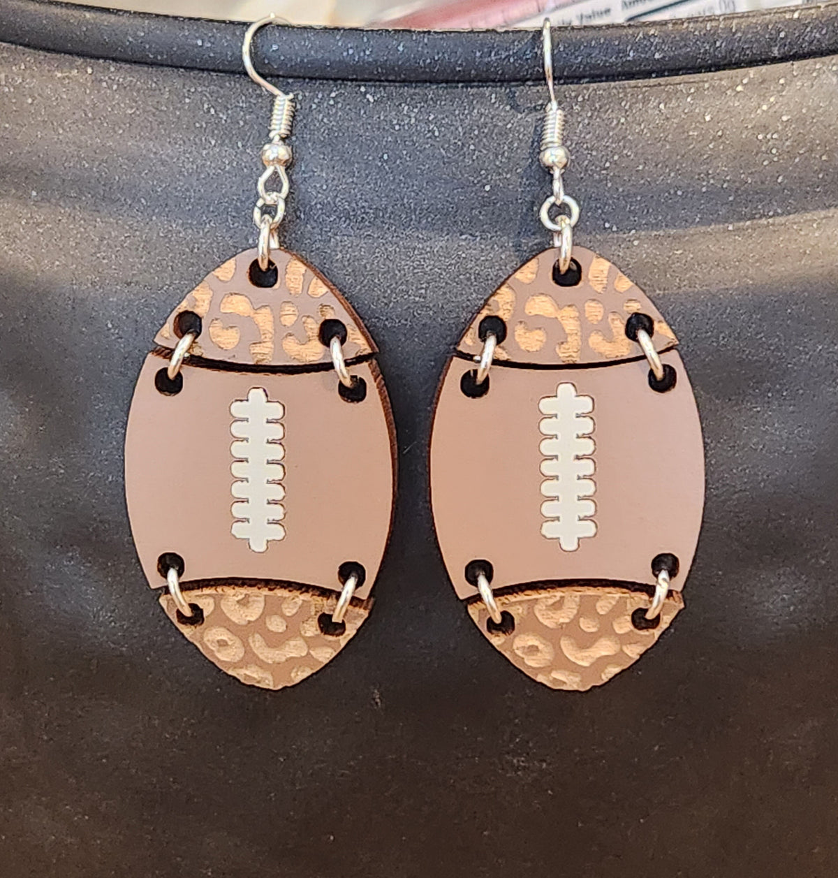 Football Dangle Earrings: Brown Lacquered Wood, Cheetah Print