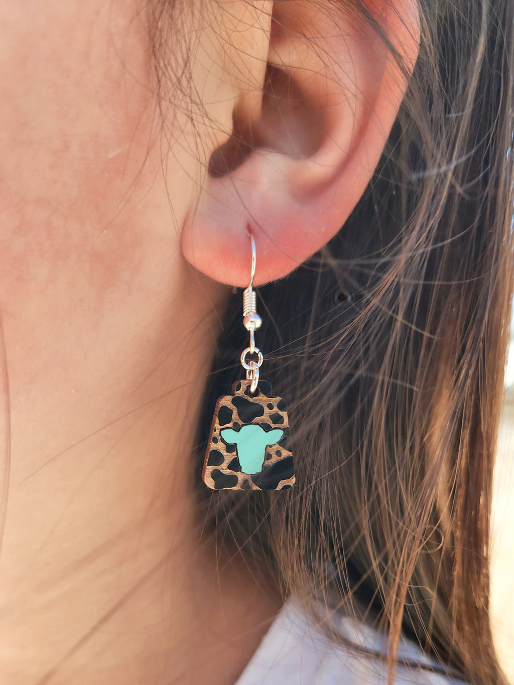 Cow Print Wood Earrings: Teal Cow Accent, Hypoallergenic