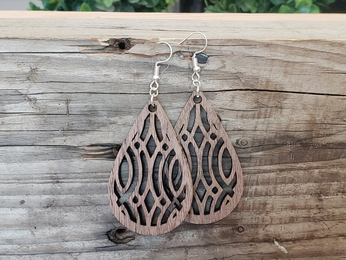 Handmade Laser Cut Teardrop Earrings: Intricate Wood Design