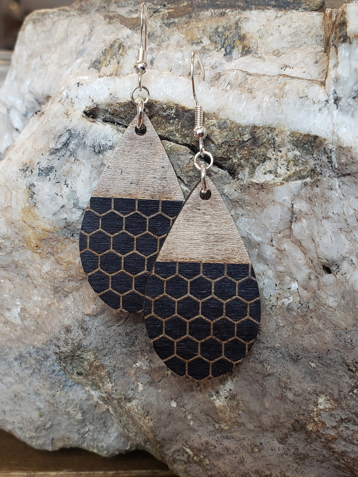 Teardrop Honeycomb Wood Earrings: Laser Engraved, Hypoallergenic