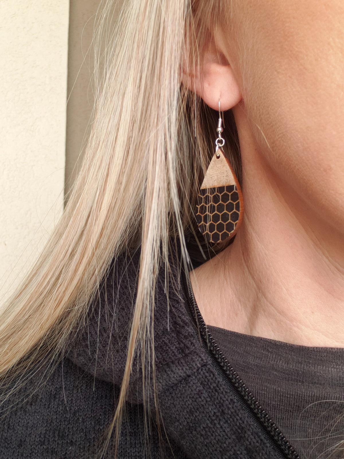 Teardrop Honeycomb Wood Earrings: Laser Engraved, Hypoallergenic