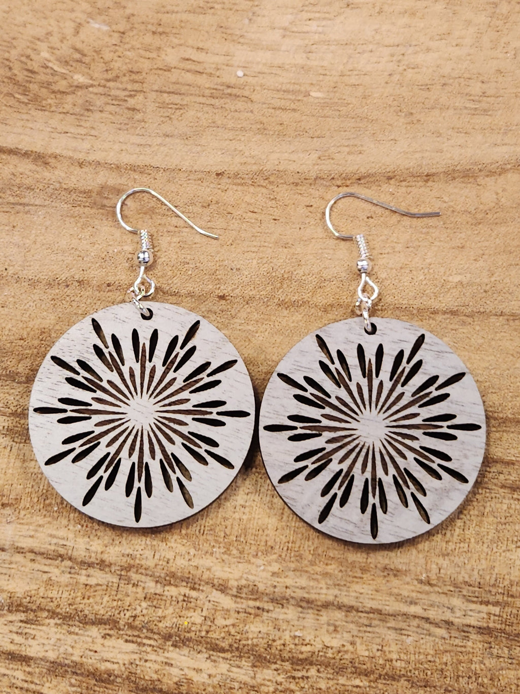 Laser Cut Wood Earrings: Burst Dangles, Hypoallergenic Hooks