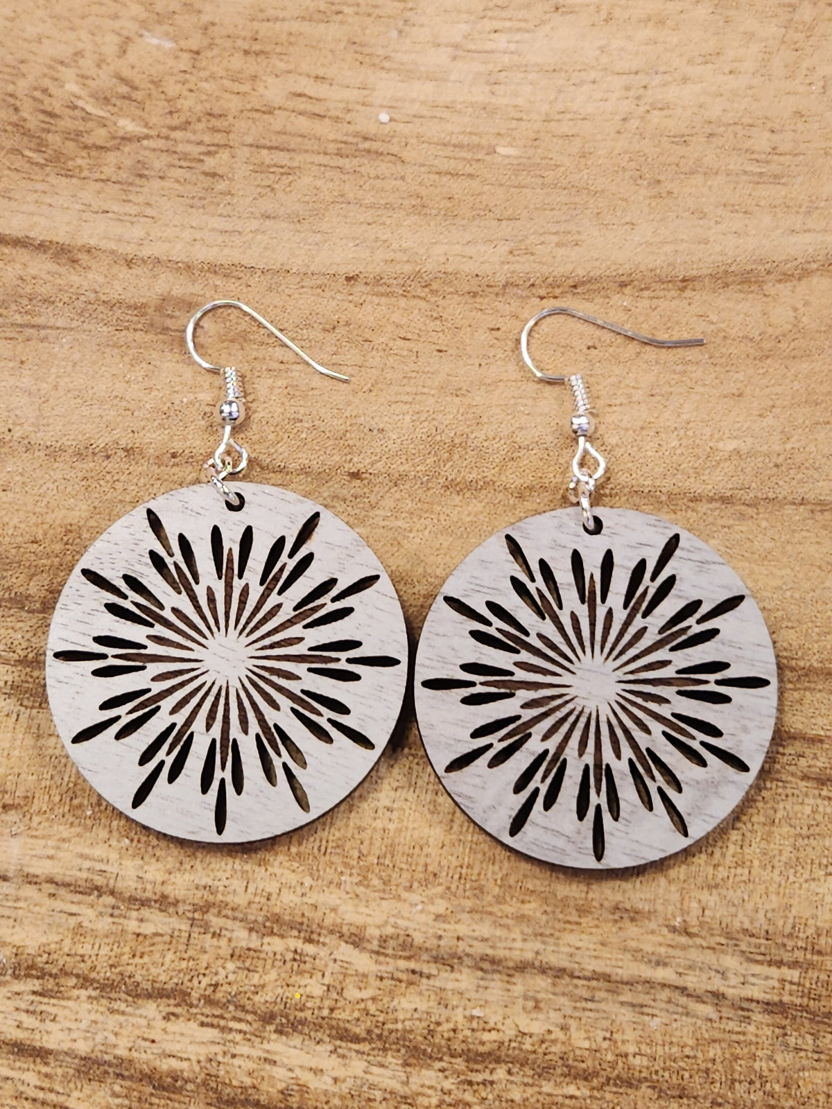 Laser Cut Wood Earrings: Burst Dangles, Hypoallergenic Hooks
