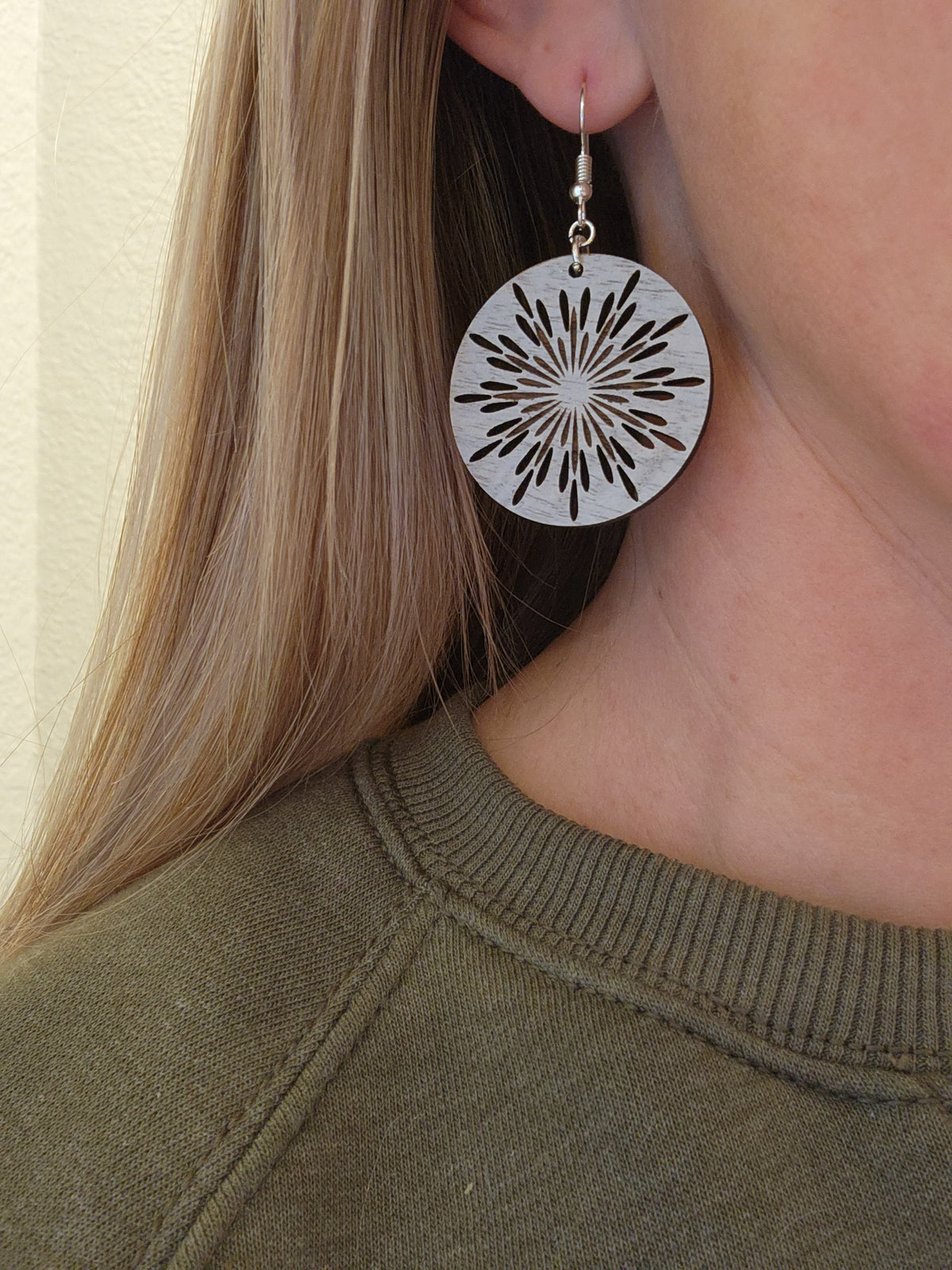 Laser Cut Wood Earrings: Burst Dangles, Hypoallergenic Hooks
