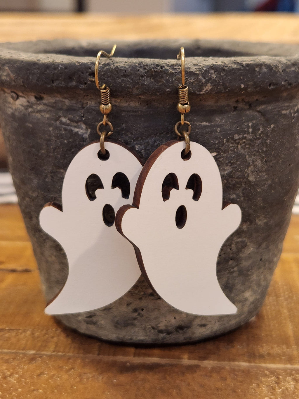 Laser Engraved Wood Ghost Earrings: Hypoallergenic Dangles