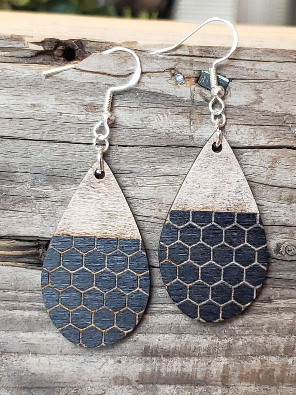 Teardrop Honeycomb Wood Earrings: Laser Engraved, Hypoallergenic