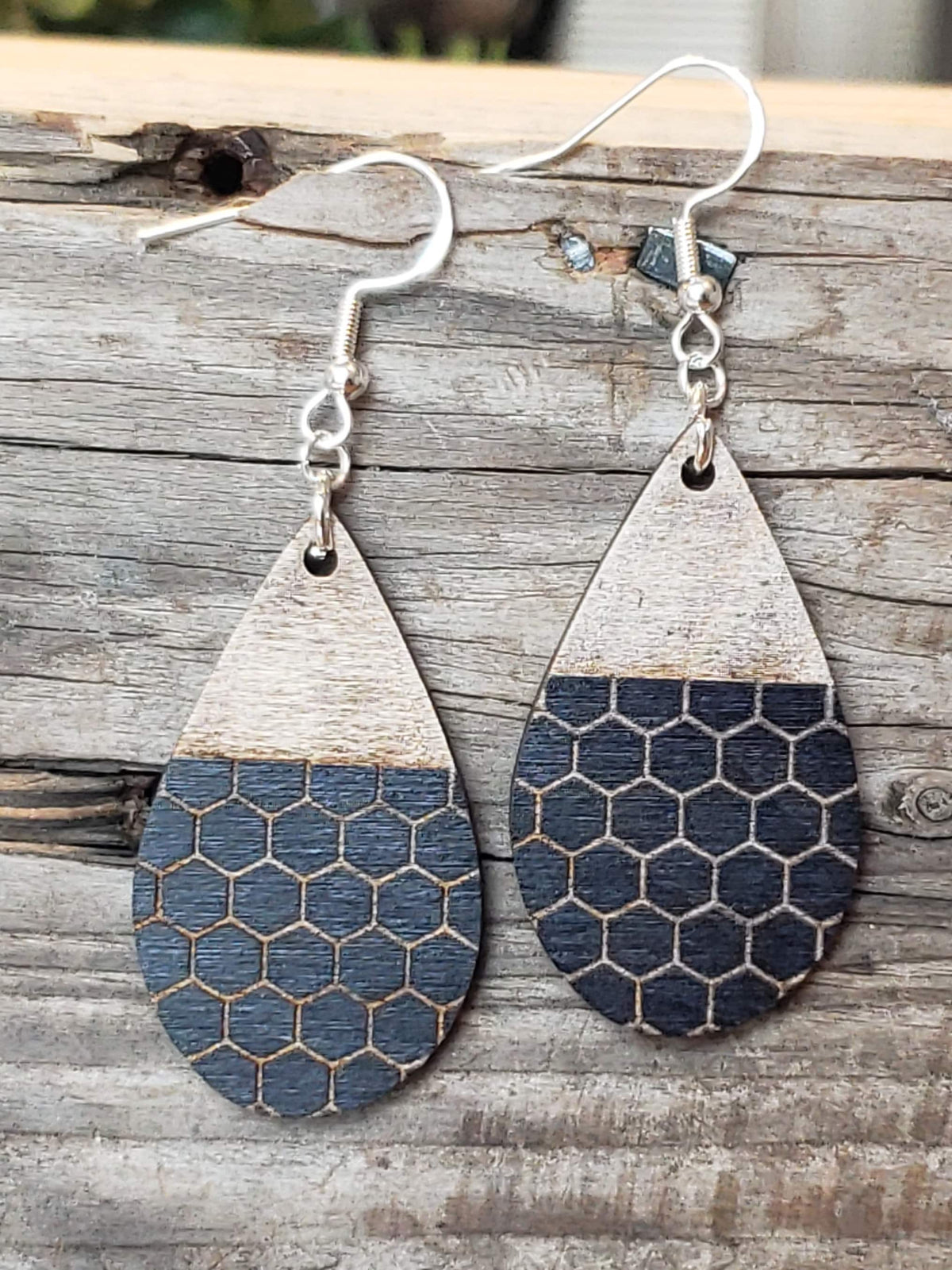 Teardrop Honeycomb Wood Earrings: Laser Engraved, Hypoallergenic