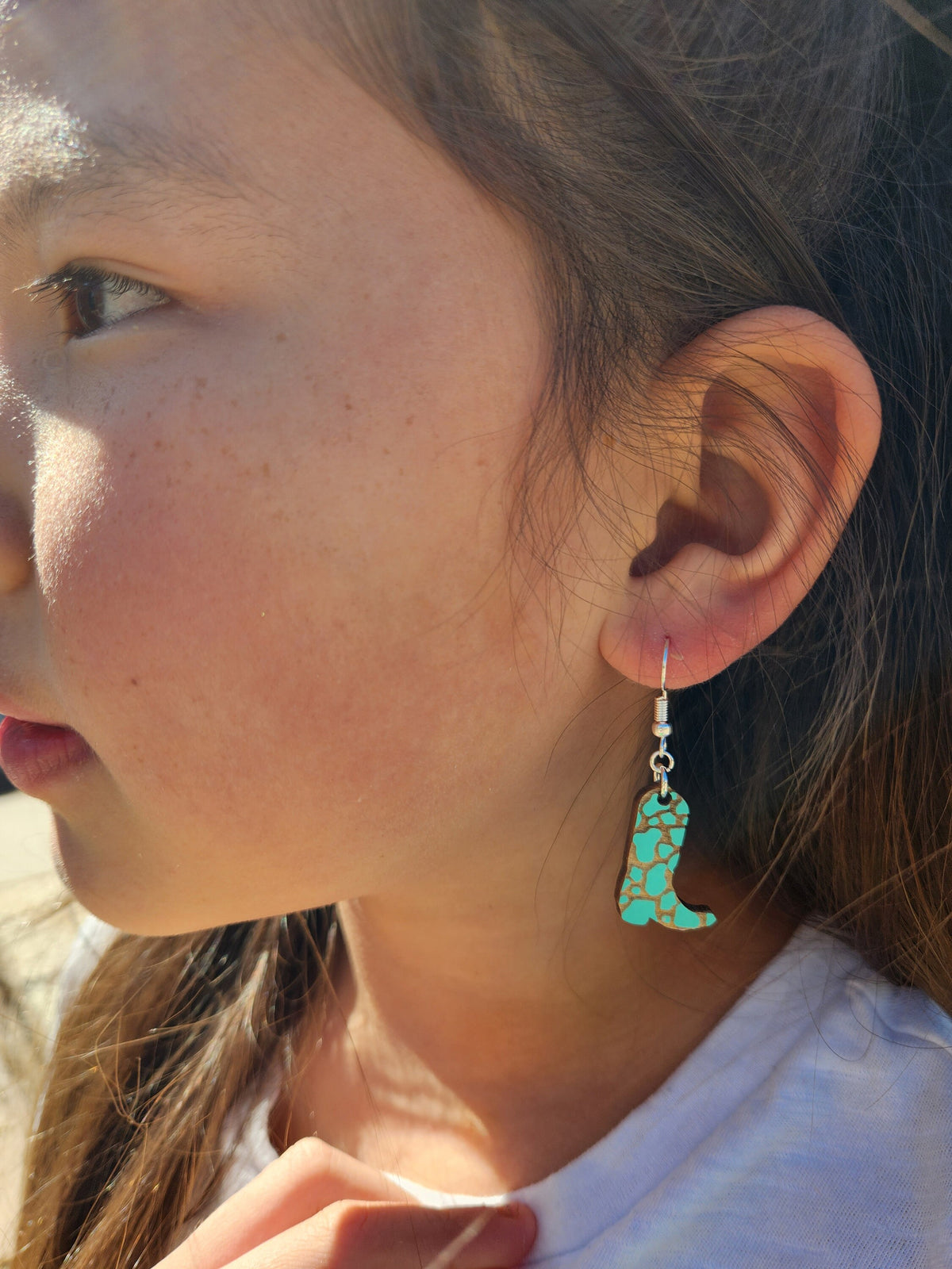 Teal Western Boot Earrings: Laser Cut Wood, Hypoallergenic