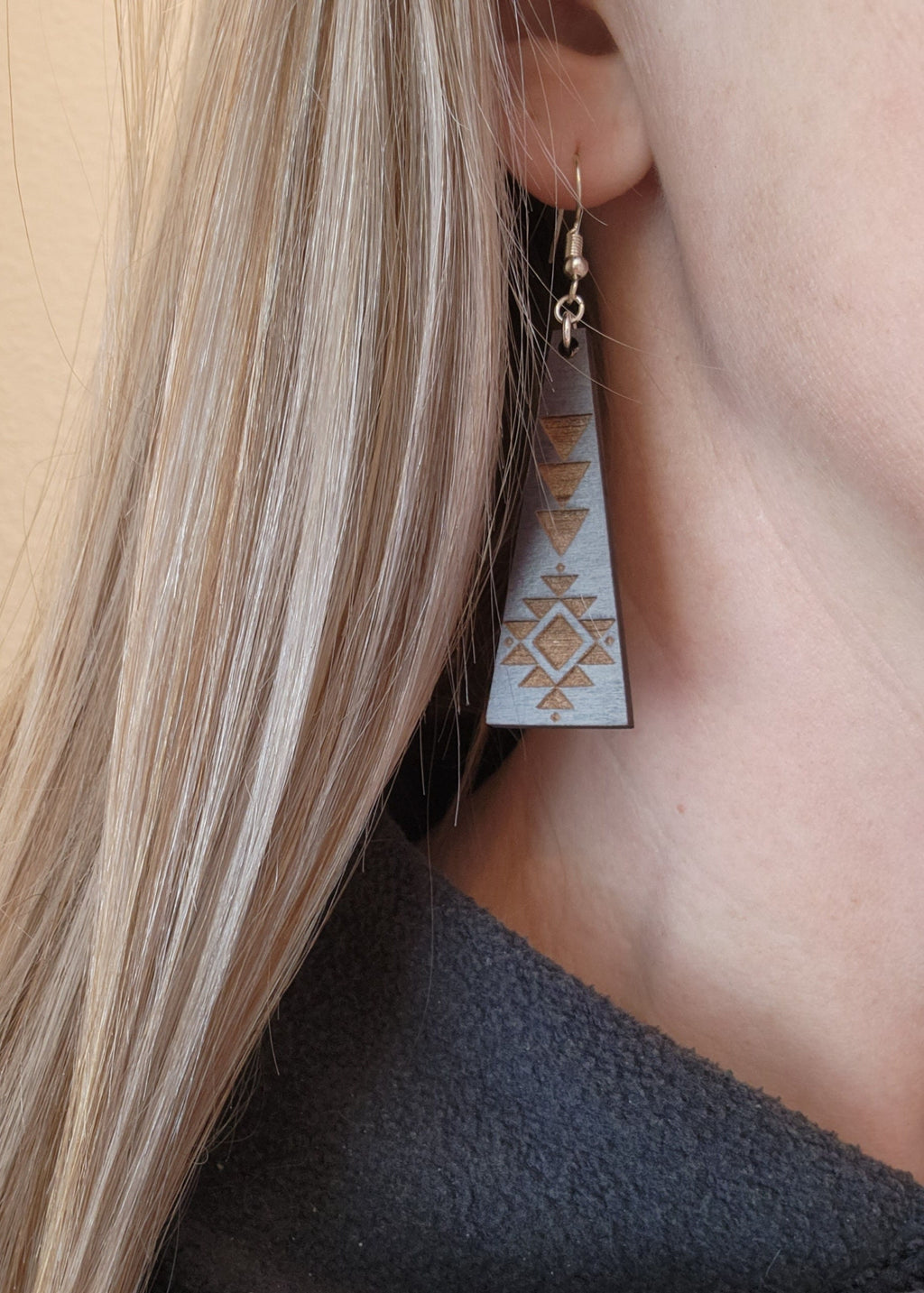 Laser Engraved Wood Triangle Earrings: Geometric Dangles