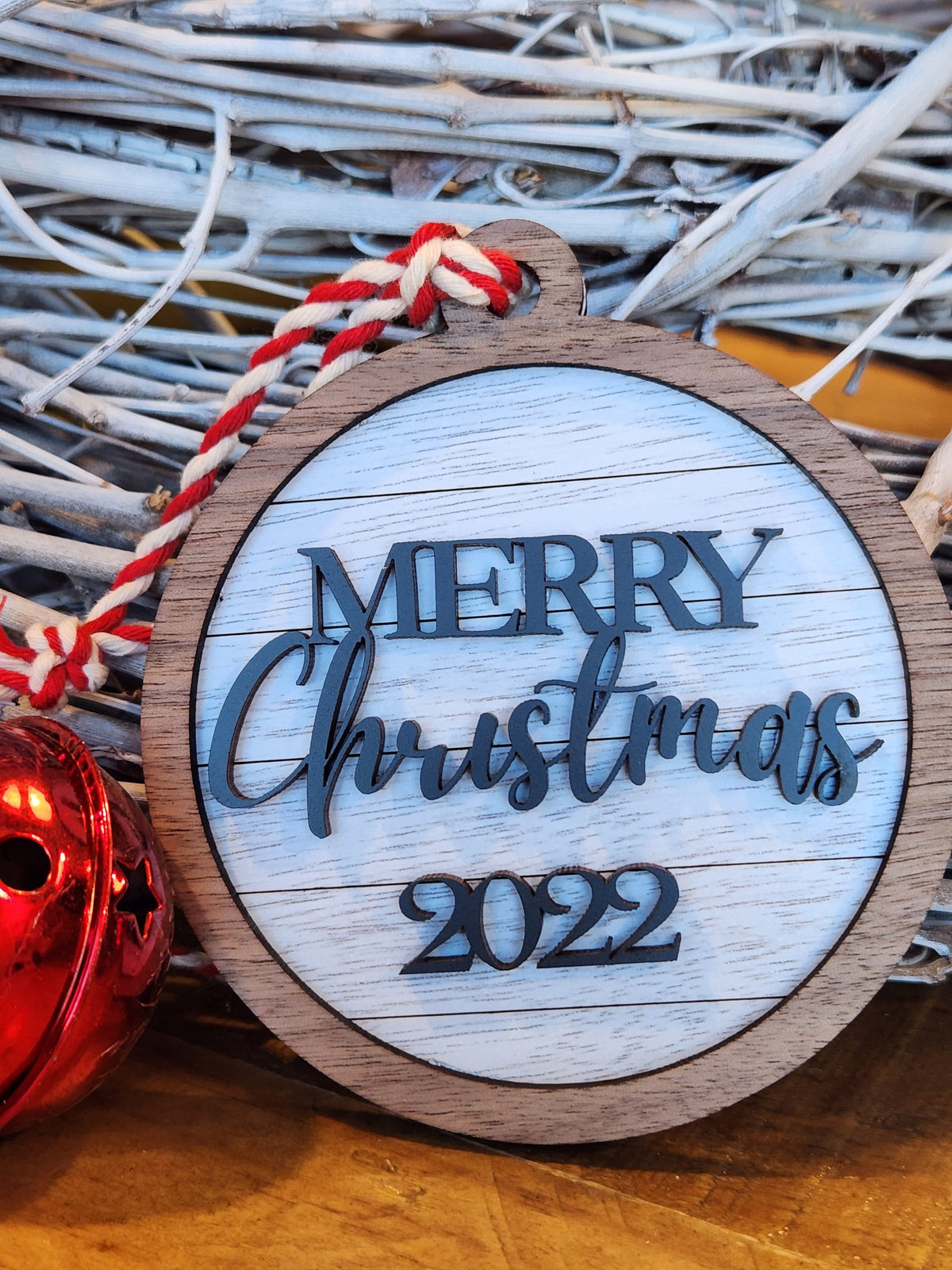 Wooden Merry Christmas Farmouse Ornament